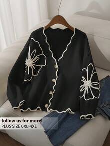 CosyJoli Cárdigan de mujer elegante y casual de talla grande con contraste de color y diseño floral 3D para otoño/invierno - Blanco y Negro - Ver 1