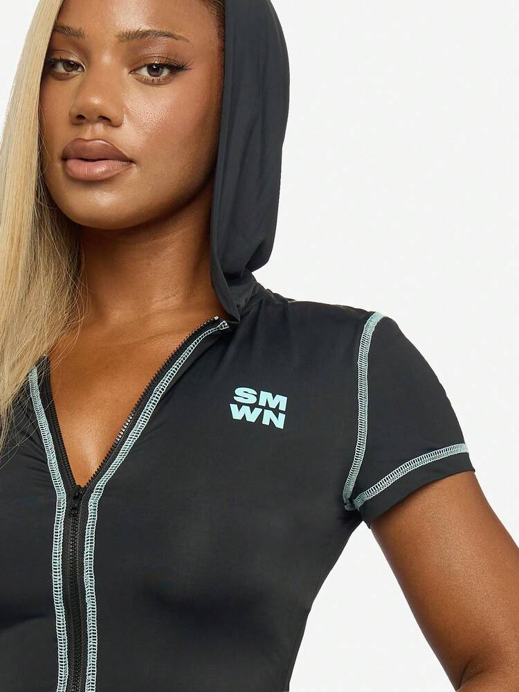 SUMWON WOMEN Fitted Zip Through Short Sleeve Hoodie