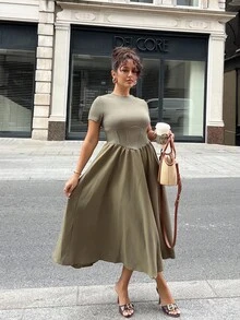 NegzBox Black Herringbone Print Mid-Length Dress,Sun Dress - Army Green - View 1