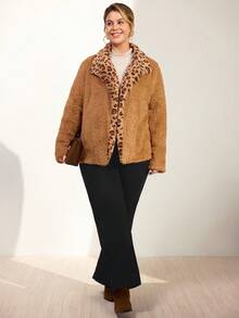 Momelise 大码豹纹拼布常规夹克 - 棕色 - 查看 5