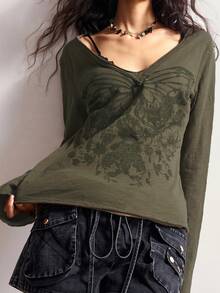 Bohemela Lässiges, locker sitzendes Langarm-Oversize-T-Shirt für Damen in Große Größen, Streetwear - Armeegrün - Übersicht 6