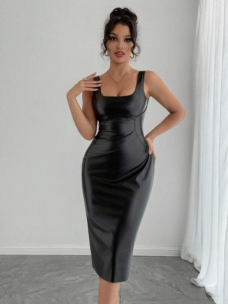 Women's Spaghetti Strap Low-Cut Bodycon PU Long Dress Wedding Women Dresses