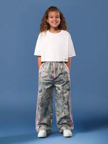 Quần ống rộng rằn ri SUMWON dành cho bé gái tuổi teen với sọc hồng bên hông, kiểu dáng thể thao năng động, thích hợp cho mùa thu đông và kỳ nghỉ. - xanh quân đội - Xem 3