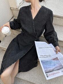 K-Vae 女士秋冬黑色V领裹身长袖牛仔短裙可调节腰带韩版风格圣诞节万圣节服装别致秋季 - 深灰色 - 查看 6