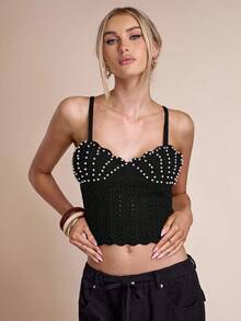 SHEIN BAE Camiseta de punto ajustada y corta con tirantes de perlas para mujer en otoño/invierno - Negro - Ver 4