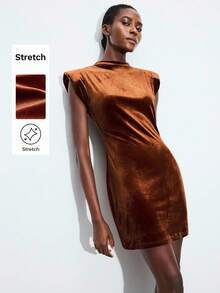 Maija Rust Brown Velvet Padded Shoulder Sleeveless Cinched Waist Fitted Mini Dress,Chic Night Out Autumn Elegant Dresses For Women,Halloween Party Holiday - Brown - View 1