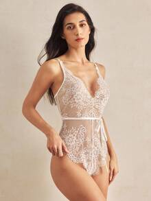 Charlaine 1pc Women's Lace Bodysuit With Tie Waist, Sexy - White - View 5