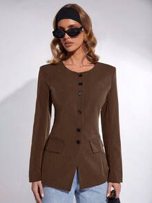 COSMINA Women's Solid Color Long Sleeve Single-Breasted Casual Commuter Regular Jacket, Autumn,Brown Jacket,Fall - Brown - View 6