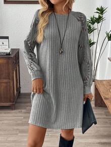 EMERY ROSE Women's Casual Loose Fit Round Neck Long Sleeve Dress,Fall - Grey - View 4