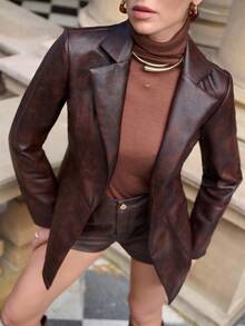 Lavishia Women Mocha Brown PU Elastic Fitted Commuter Street Fashion Blazer, Fall Winter New Year Christmas - Mocha Brown - View 4