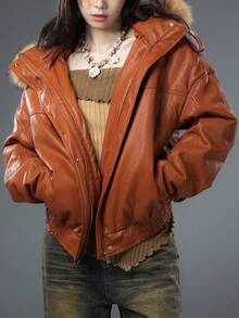 Bloopia 梅洛南瓜色复古工装风格休闲时尚个性简约女式秋冬万圣节宽松连帽 PU 皮夹克 - 橘色 - 查看 5