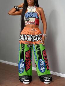 Slaydiva Bộ 2 món đồ mặc thường ngày cho nữ, áo hai dây bó sát và quần ống rộng, thích hợp mặc dạo phố, in hình xe đua - Nhiều màu - Xem 4