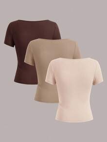 SHEIN EZwear 3 件女士短袖短款休闲修身 T 恤，适合夏季 - 彩色 - 查看 2