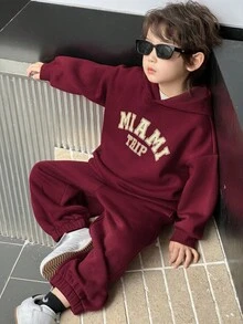 DAZY 儿童秋季服装 男童抓绒卫衣套装，休闲宽松字母印花街头风，秋季 - 酒紅色 - 查看 6