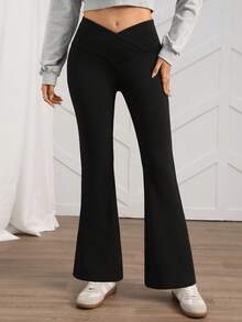 SHEIN LUNE Leggings ajustados con vuelo y forro térmico para mujer, cintura en V, color negro de moda - Negro - Ver 1