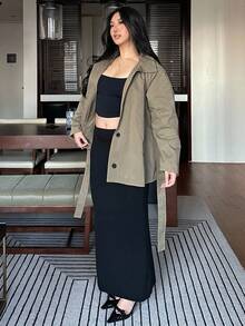 Dazy Plus Plus Size Women Stand Collar Long Sleeve Tie Waist Casual Trench Coat, Spring/Autumn Jacket