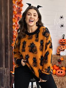 SHEIN LUNE 大码女款万圣节南瓜和猫咪图案圆领毛衣 - 彩色 - 查看 4