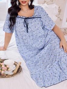 FloralLove CottageSlumber 女士加大码浪漫花卉印花蝴蝶结短袖睡裙，哞哞睡衣 - 彩色 - 查看 6