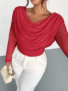 Firerie Plus Size Women Elegant Red Autumn Party Blouse, Plunging Neck Long Sleeve Mesh Sheer Fitted T-Shirt,Off Shoulder Boat Neck Draped Top For Wedding - Red - View 4