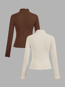 SHEIN EZwear 2件套米色和棕色休闲修身长袖T恤，秋冬 - 彩色 - 查看 2