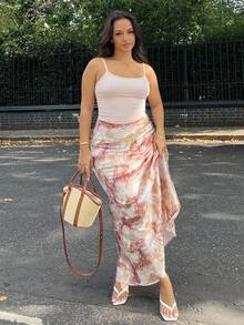 NegzBox 女士优雅百搭 A 字型中长裙，搭配圆点印花缎面长裙，女士服装 - 咖啡棕 - 查看 1