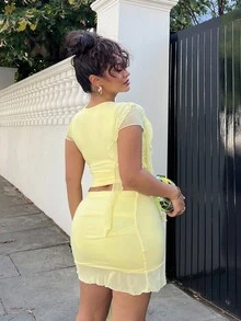 NegzBox 2 Pieces Sets Sexy Pink Color Asymmetrical Ruched Sheer Body Sets,Going Out Sets,Birthday Sets,Holiday Party Sets,Women Date Night Outfits,Concert Outfits,Graduation Dress,Street Style Sets, Women 2 Pieces Clothing Two Pieces Outfits For Women Woman 2 Pieces Outfits - Yellow - View 2