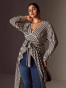 Juhart 大码女式复古条纹印花长袖衬衫，V 领条纹领带系腰带长裙（配领带） - 黑與白 - 查看 7