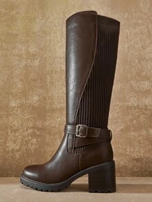 SHUZIA Women's Stylish & Comfortable Block Heel Knee-High Boots With Buckled Strap For Christmas