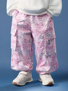 SUMWON Girls Graffiti Print Sweatshirt And Cargo Pants Set Winter Cozy Fleece Casual Two Piece Outfit Streetwear Style Fashion Coordinate Set - Baby Pink - View 4