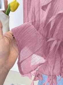 INAWLY French V-Neck Pleated Ruffle Tie Blouse - Pink - View 8