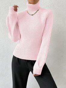 RosyDaze Women's High Neck Solid Color Raglan Sleeve Knitted Casual Long Sleeve Ribbed Sweater - Baby Pink - View 6