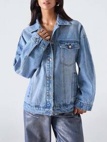 LYSMO 2025 秋冬新款极简主义女式时尚水钻星星牛仔外套，秋冬圣诞节/新年/感恩节时尚牛仔外套 Y2K - 淺色水洗藍 - 查看 4