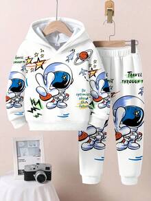 SHEIN 2 件套年轻男童休闲时尚经典时尚宇航员图案印花宽松套头连帽运动衫套装，适合秋冬季 - 彩色 - 查看 2