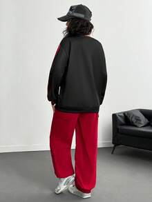 Teen Girls Colorblock Numeric Print Long Sleeve Knit Sweatshirt And Side Pocket Drawstring Cargo Pants 2-Piece Set, Casual Active Outfit - Multicolor - View 2