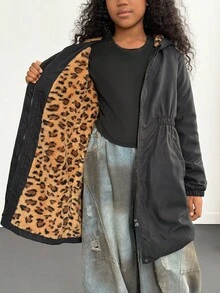 Tween Girl Leopard Print Thermal Lined Hooded Jacket, Autumn/Winter Fall - Multicolor - View 8