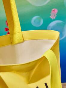 SpongeBob SquarePants | SHEIN 1 件可爱卡通图案帆布手提袋、购物袋，适合携带书籍、笔记本电脑、学校、通勤、购物、户外活动 - 黃色 - 查看 4