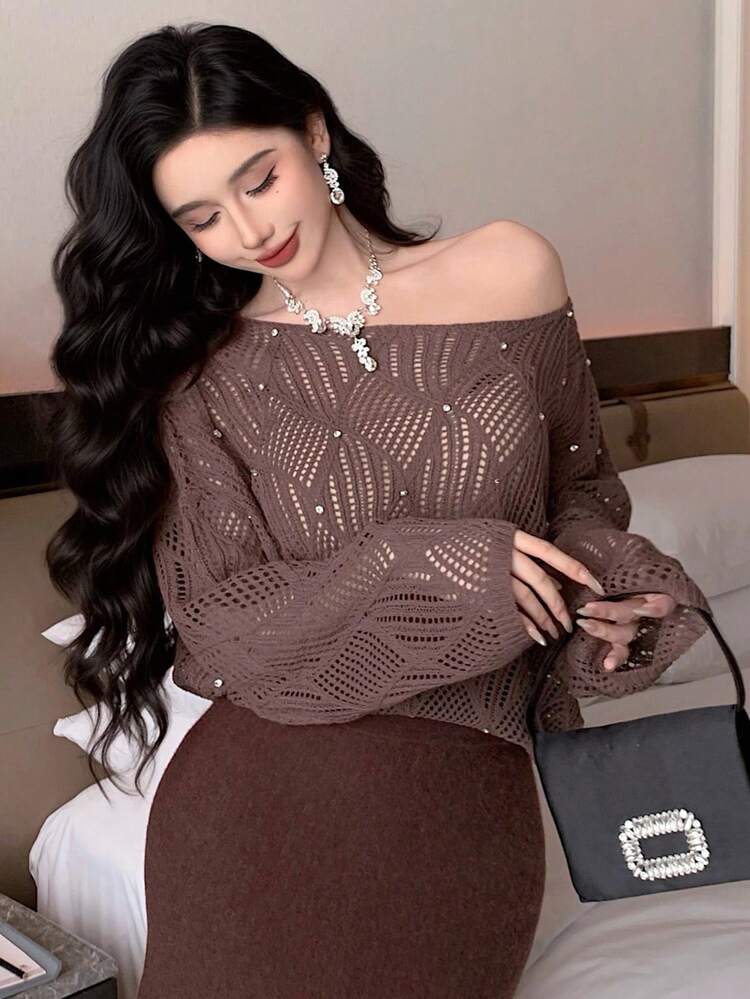 Vintage Hollow Out Loose Fit Casual Pullover Sweater For Women