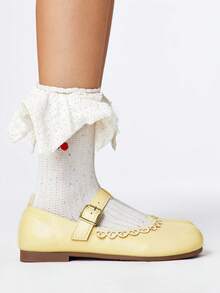 ROMWE Kawaii Giày lười nâu nữ, giày Mary Jane mũi kín, giày bệt Lolita ren nơ - Màu vàng - Xem 4