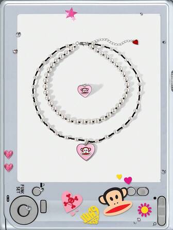 Paul Frank X ROMWE Set di gioielli con anello e collana a forma di cuore con design a cartone animato