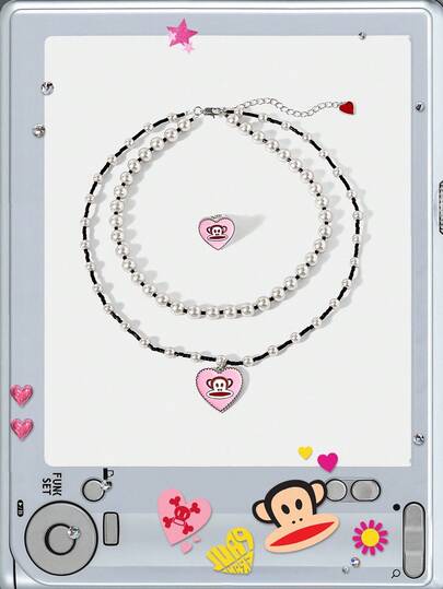 Paul Frank X ROMWE Ensemble de bijoux Bague et Collier avec design de cœur dessin animé