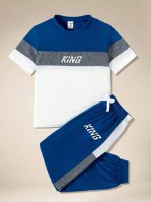 SHEIN Explorewe 2 件装年轻男童休闲圆领字母印花拼色短袖上衣和裤子套装