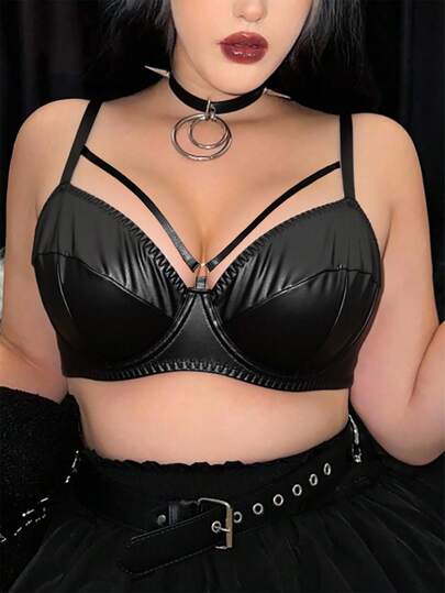Grunge Punk Sujetador con aros de tela de PU estilo punk oscuro de talla grande