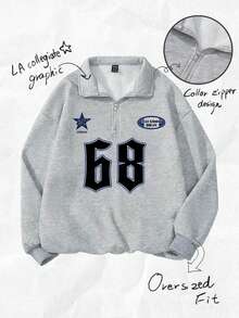 Comfortcana 女士返校季68位字母复古图案露肩上衣/卫衣，复古风，秋季度假风，宽松半拉链高领抓绒卫衣，适合秋冬季穿着