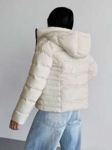 EURMUSE Contrast Zipper, Hooded, Padded, Winter Coat - White - View 2