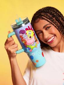 SpongeBob SquarePants | SHEIN 40 Oz / 1000 Ml Cartoon Pattern Gradient Stainless Steel Insulated Cup With Handle And Straw