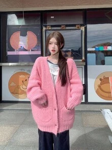 DAZY Women's Solid Color V-Neck Casual Long Sleeve Cardigan, Autumn/Winter School - Pink - View 5