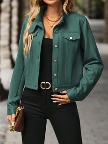 EMERY ROSE 休闲纯色短款夹克，适合秋季穿着 - 水鴨藍 - 查看 3