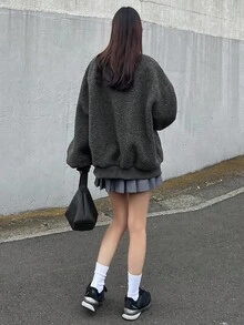 FRIFUL 女式超大羊毛飞行员夹克，宽松版型，纯色