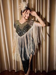 Vintamour 时尚亮片刺绣流苏下摆披肩上衣 - 黑色和金色 - 查看 3