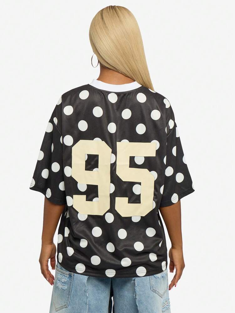 SUMWON WOMEN Polka Dot V-Neck Football Top With Number Print